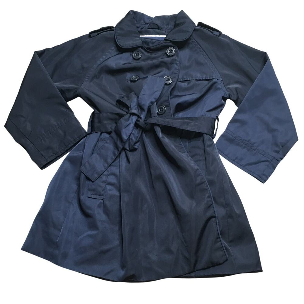 Jacadi France Baby Girl Trench Coat Double Breasted Front Tie Lined Black 2A/Y